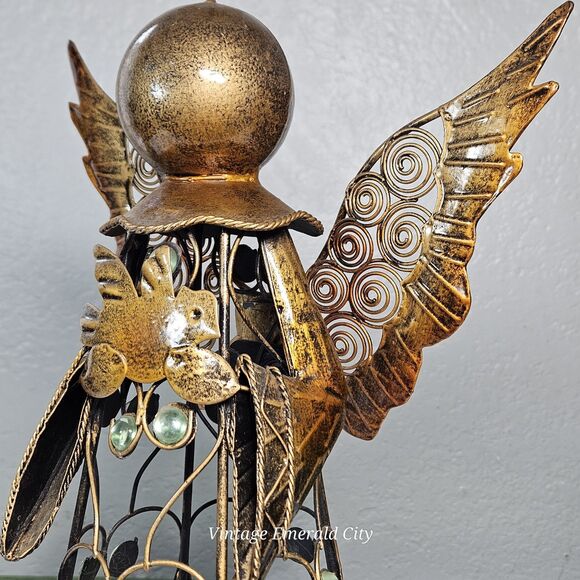 Vtg Metal Filigree Angel Garden Statue 15" Bronze Color Green Glass Taper Decor - Picture 8 of 12